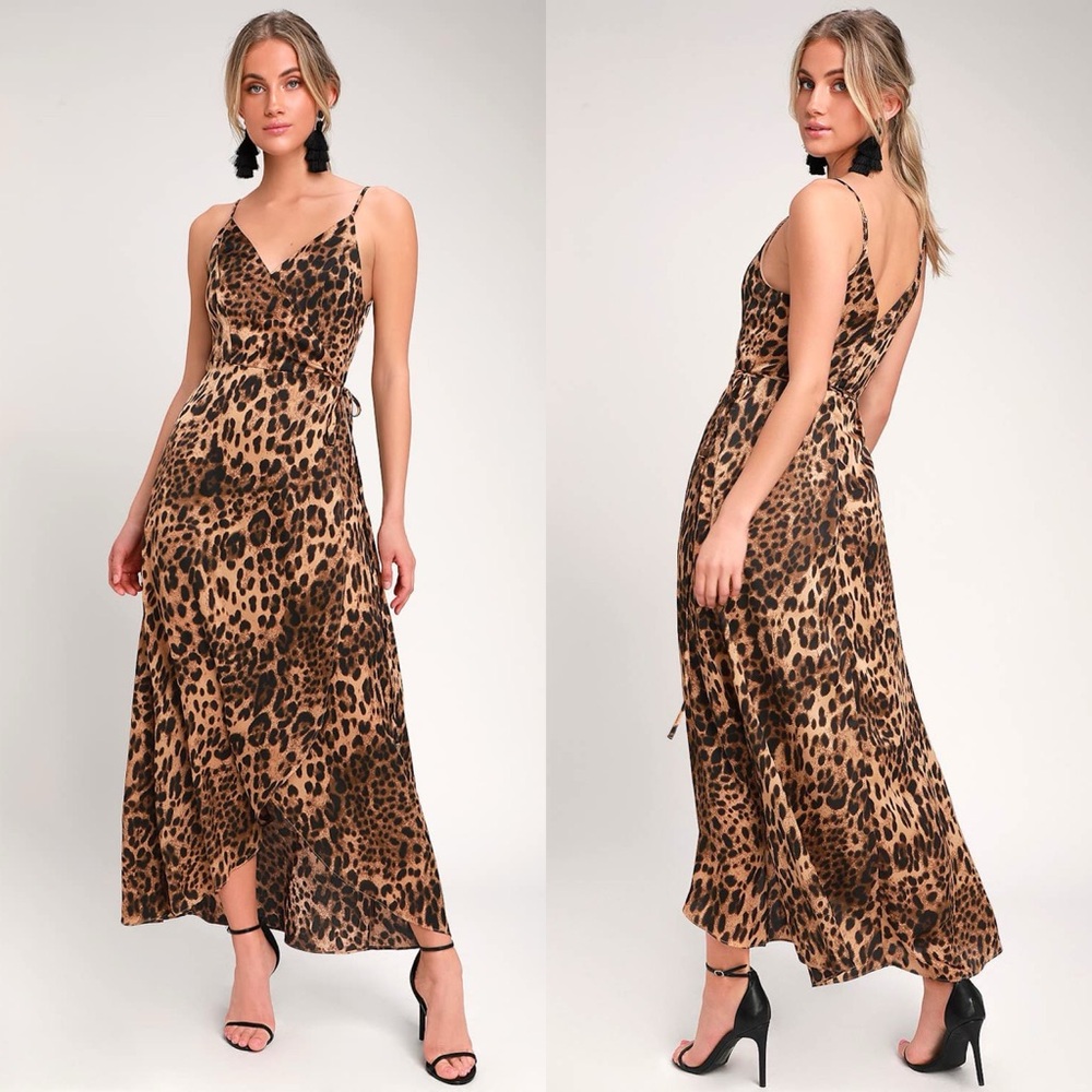 Lulus | Wildly Wonderful Leopard Print Satin Maxi Wrap Dress